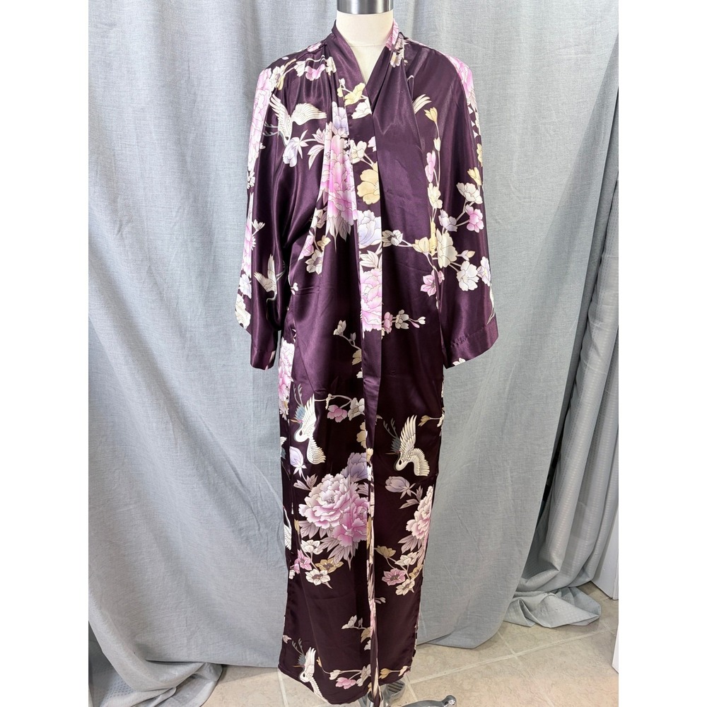 NWT Kim + Ono Plum Kimono Robe Floral Crane Print Long Sleeve S Asian Inspired